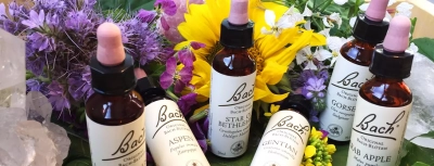 Bach-Blüten-Essenzen zwischen Blumen und Kristallen. Auf den Etiketten stehen Gorse, Star of Bethlehem, Gentian, Aspen und Crab Apple.